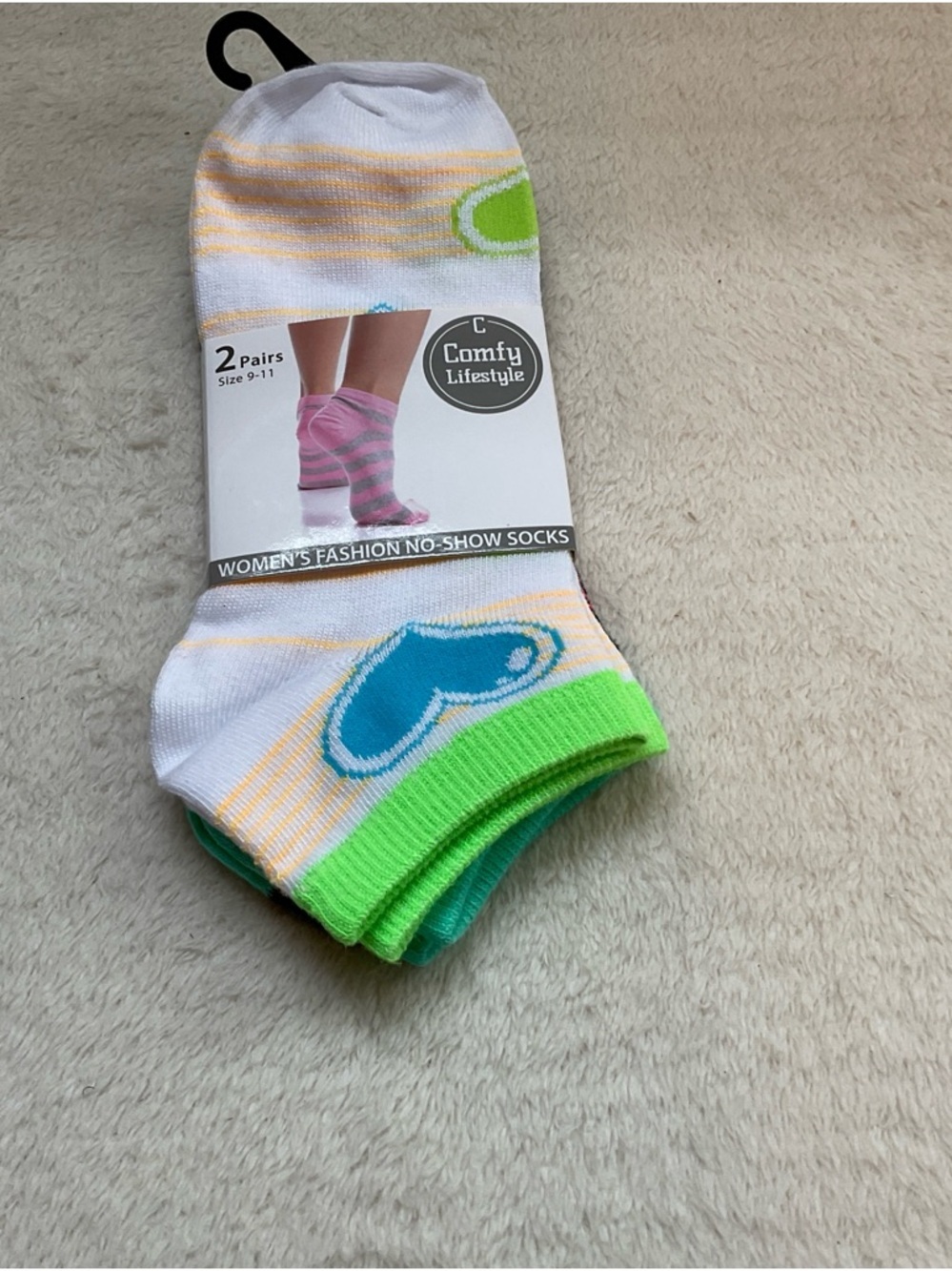 Women's No-Show Socks - White with Blue & Green Accents